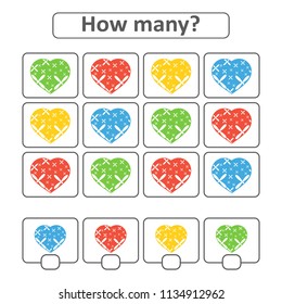 Game for preschool children. Count as many hearts in the picture and write down the result. With a place for answers. Simple flat isolated vector illustration