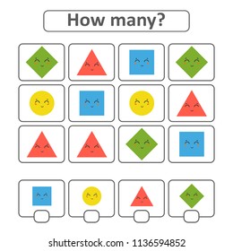 Game for preschool children. Count as many geometric shapes in the picture and write down the result. With a place for answers. Simple flat isolated vector illustration