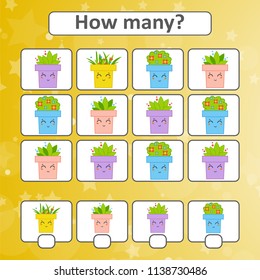 Game for preschool children. Count as many flower pots in the picture and write down the result. With a place for answers. Simple flat isolated vector illustration