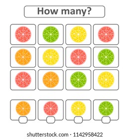 Game for preschool children. Count as many fruits in the picture and write down the result. With a place for answers. Simple flat isolated vector illustration
