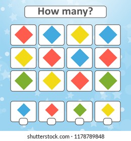Game for preschool children. Count as many geometric shapes in the picture and write down the result. With a place for answers. Simple flat isolated vector illustration