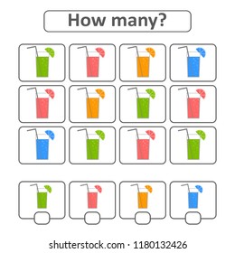 Game for preschool children. Count as many glasses with juice in the picture and write down the result. With a place for answers. Simple flat isolated vector illustration