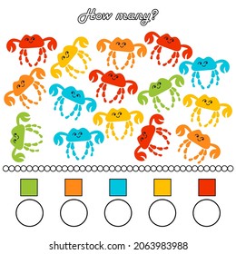 A game for preschool children. Count as many crabs of the same color as possible in the picture. Write down the result. Hand drawn Color vector illustration