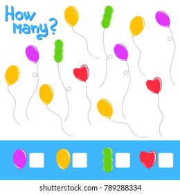 Game for preschool children. Count as many balloons in the picture and record the result. Bright colors. With a place for answers. Simple flat isolated vector illustration.