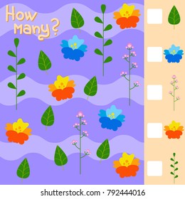 Game for preschool children. Count as many flowers and plants in the picture and write down the result. With a place for answers. Simple flat isolated vector illustration.