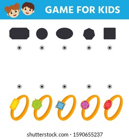 Game for Preschool Children. Find the correct shadow. Ring and gemstones. Worksheet. logic puzzle 