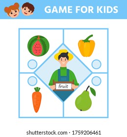 Game for Preschool Children. Find matching item.  Connect  fruit. Activity page for kids. Children funny riddle entertainment. Logic puzzle game.  