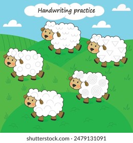 Game for preschool children. Handwriting for children. Learn to write. Trace sheet. Worksheet. Funny cartoon sheep characters