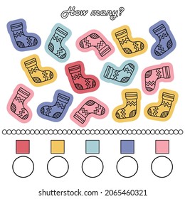 A game for preschool children. How many. Count as many socks of the same color as possible in the picture. Write down the result. Hand drawn Color vector illustration, Five colors