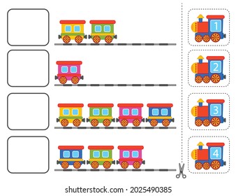 Game for preschool children. Learning to count from 1 to 4. Cut and glue. Train and carriages. Vector illustration