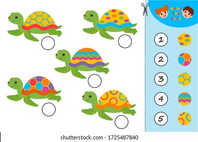 Game for Preschool Children. Match parts of cute cartoon turtles. ctivity page for kids. Children funny riddle entertainment