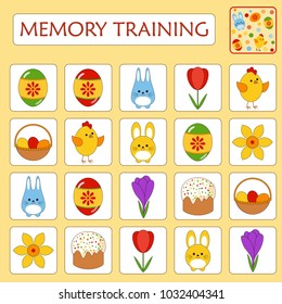 Game for preschool children. Set of paired cards for development and training of children's memory. Cards with Easter bunny, Easter cake, chick, eggs, basket and spring flowers. Vector illustration