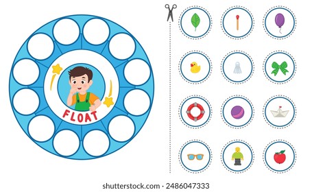 Game for preschool children. We study physical phenomena: floating - drowning. Print template