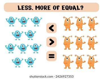 Game for preschoolers. Less, more or equal with cute monsters. Vector illustration. Printable sheet