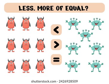 Game for preschoolers. Less, more or equal with cute monsters. Vector illustration. Printable sheet