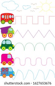 Game for preschoolers. Testing fine motor skills. Help the cars drive. Vector