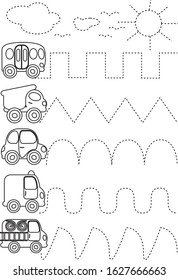 Game for preschoolers. Testing fine motor skills. Help the cars drive. Outline. Vector