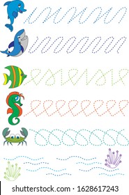Game for preschoolers. Testing fine motor skills. Help the marine inhabitants swim. Vector