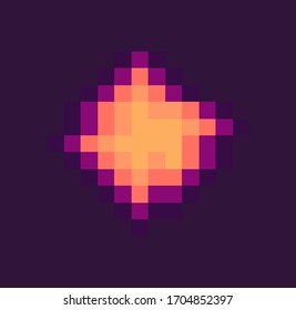 Premio al juego, luz pixelada o ráfaga en violeta, premio láser, símbolo de nivel, explosión geométrica, forma de píxel-arte, equipo espacial, trofeo, vector de aplicación