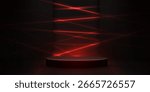 Game product podium with laser light beams and dark cylinder platform for futuristic display. Red neon streaks behind black pedestal for tech presentation. Cyberpunk showcase with illumination effect.