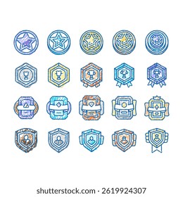 Game Progress Award Medal doodle icons set vector. Game Progress Reward In Star Shape Decorated Cup, Golden Silver Medallion Card. Level Success Achievement  sketch hand drawn