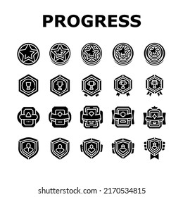 Game Progress Award And Medal Icons Set Vector. Game Progress Reward In Star Shape And Decorated Cup, Golden Silver Medallion And Card. Level Success Achievement Glyph Pictograms Black Illustrations
