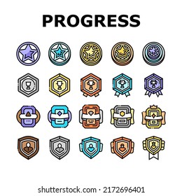 Game Progress Award And Medal Icons Set Vector. Game Progress Reward In Star Shape And Decorated Cup, Golden And Silver Medallion And Card. Level Success Achievement Color Illustrations