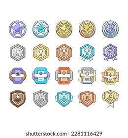 Game Progress Award And Medal Icons Set Vector. Game Progress Reward In Star Shape And Decorated Cup, Golden And Silver Medallion And Card. Level Success Achievement Color Illustrations