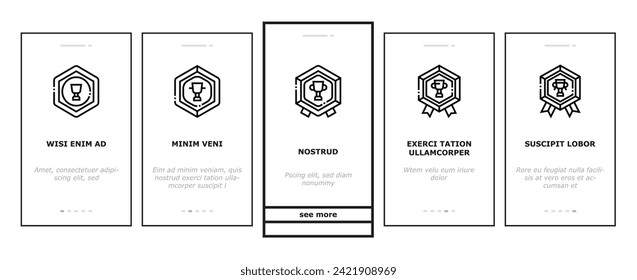 Game Progress Award und Medal on-boarding mobile Vektorgrafik. Game Progress Belohnung in Star-Form und dekorierten Cup, Golden und Silver Medallion und Karte. Farbillustrationen zum Erfolg auf Stufe