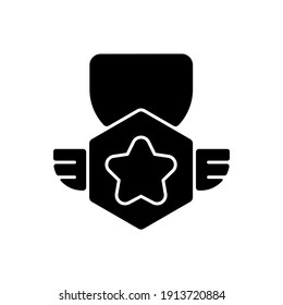 Icono de glifo negro de progreso del juego. Logro del videojuego, signo del rango del jugador. Entretenimiento electrónico, símbolo de silueta deportiva en el espacio blanco. Recompensa, medalla con ilustración aislada del vector estrella