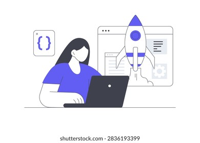 Game Project Development and Startup Product Launching. Female Specialist Working on Laptop with Code Tag and Rocket Launch Concept. Flat Cartoon Vector Illustration, icon Stylish abstract design landing page web