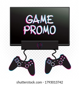 Burla de promoción del juego. Videojuegos de ordenador consola TV y joysticks sobre fondo blanco. Págulos negros conectados. Monitor de ordenador mostrar texto publicitario y caja de reproducción con joypads