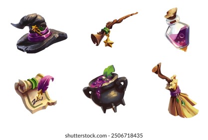 Game props with attributes for witchcraft and wizardry. Magic game icons. Artistic detailed isolated vector illustrations