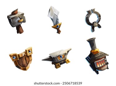 Game props with blacksmithing objects. Icons for casual game. Artistic detailed isolated vector illustrations