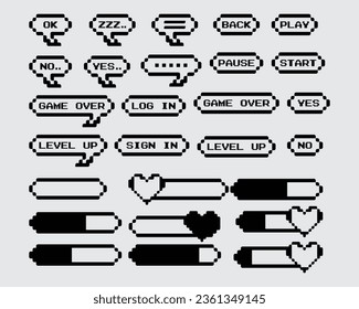 Colección de prospectos de juego conjunto de píxeles diálogo de burbuja de voz monocromo chat de 8 bits computadora estilo de interfaz de usuario antiguo icono gráfico editable