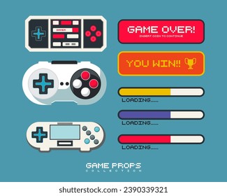 Game props collection set retro vintage style game stick dialog computer old style graphic icon editable