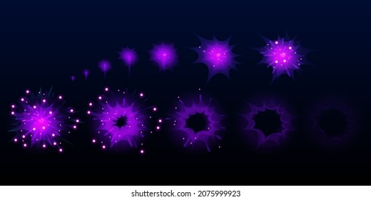 Game purple fireworks explode effect burst sprites for animation. User interface ui or gui elements for videogame, computer or web design. Salute sparkle explosion frames, Cartoon vector illustration