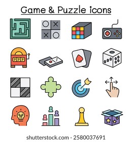 Game and Puzzle icon set in color line style