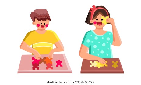 game puzzle kid vector. girl picture, toy s, play education game puzzle kid character. people flat cartoon illustration