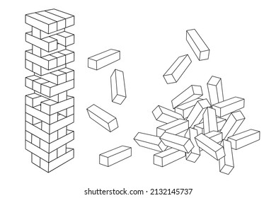Game puzzle of wooden cubes block puzzle. 3d line brick element tower and collapsed pile. Sketch vector illustration