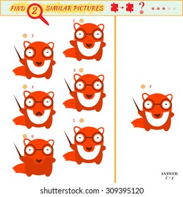 Game puzzles find similar image between two. Education matching game for preschool children. Visual puzzle game for kid. Quiz game. Cartoon fox