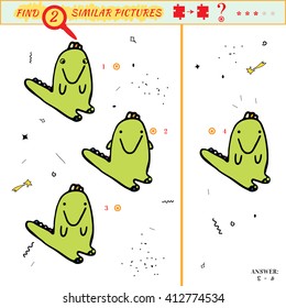 Game puzzles find similar image between two. Education matching game for preschool children. Visual puzzle game for kid. Quiz game with cartoon crocodile