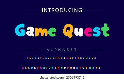 Game Quest Funky colorful cartoon font type. Vector alphabet