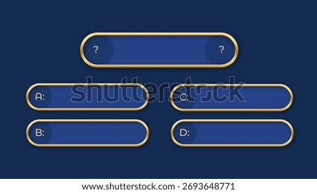 Game quiz interface with elegant gold-trimmed blue panels for questions and answers. Classic TV show style layout for trivia, educational games, or interactive social media quizzes.