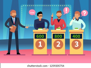 Game quiz show. Clever young people playing television quiz with showman, trivia game tv competition. Cartoon vector illustration