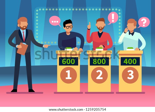 Game quiz show. Clever young people playing\
television quiz with showman, trivia game tv competition. Cartoon\
vector illustration
