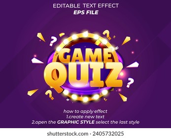 Spiel-Quiz-Texteffekt, Schriftart editierbar, Typografie, 3D-Text. Vektorvorlage