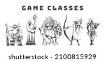 Game races and classes of MMORPG games: Dwarf shooter, elf archer, necromancer, Orc warrior and mage sketch hand drawn 