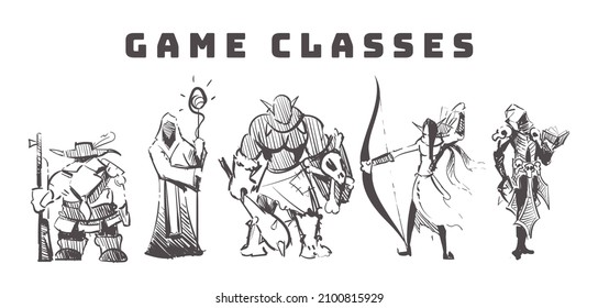 Game races and classes of MMORPG games: Dwarf shooter, elf archer, necromancer, Orc warrior and mage sketch hand drawn 