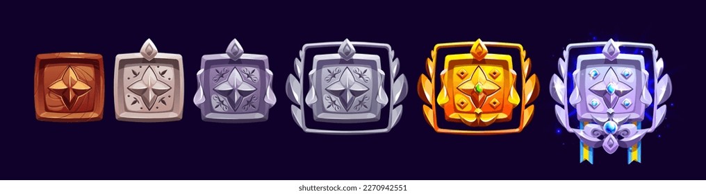 Game rank badge achievement award icon with gem cartoon vector illustration. Isolated square trophy medal set for rating in medieval fantasy app. User progress ancient winner medallion with border.